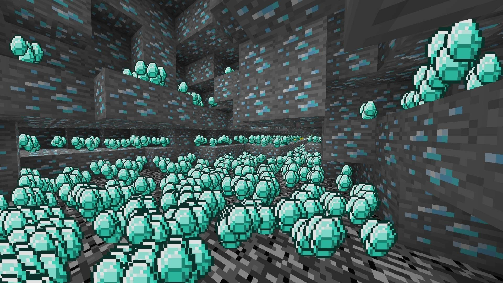 我的世界地下鑽石晶體 壁紙 — 一個像素化的 Minecraft 洞穴，充滿了嵌入在黑暗石牆和地板中的發光青綠色鑽石。