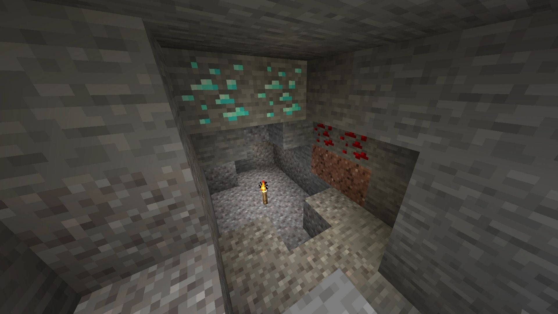 我的世界地下鑽石礦石 壁紙 — 一名Minecraft玩家站在光線昏暗的石洞中，發光的青色和紅色方塊照亮了像素化的地下空間。