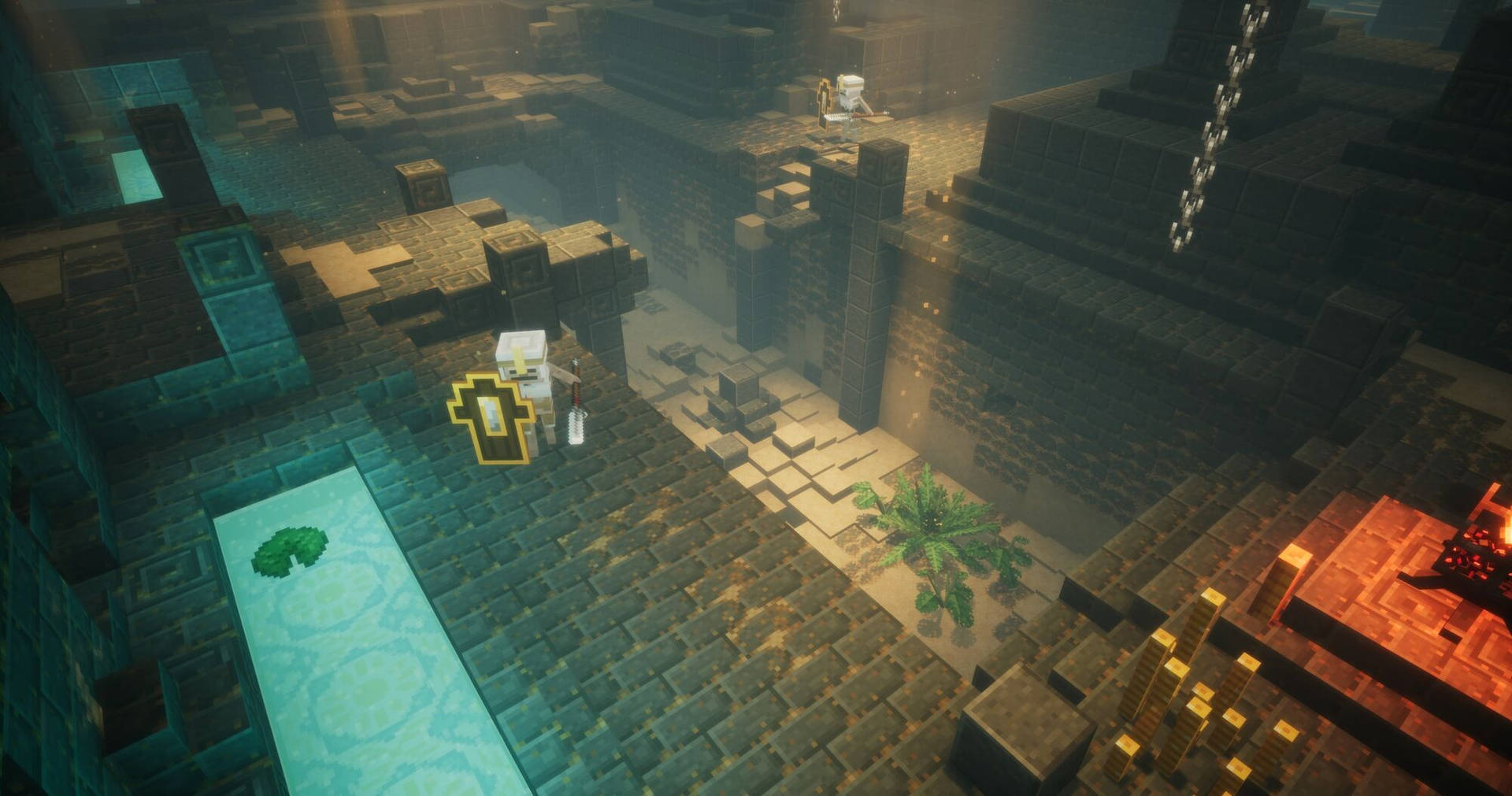 Minecraft玩家在水下遺跡中，有寶箱和發光方塊。