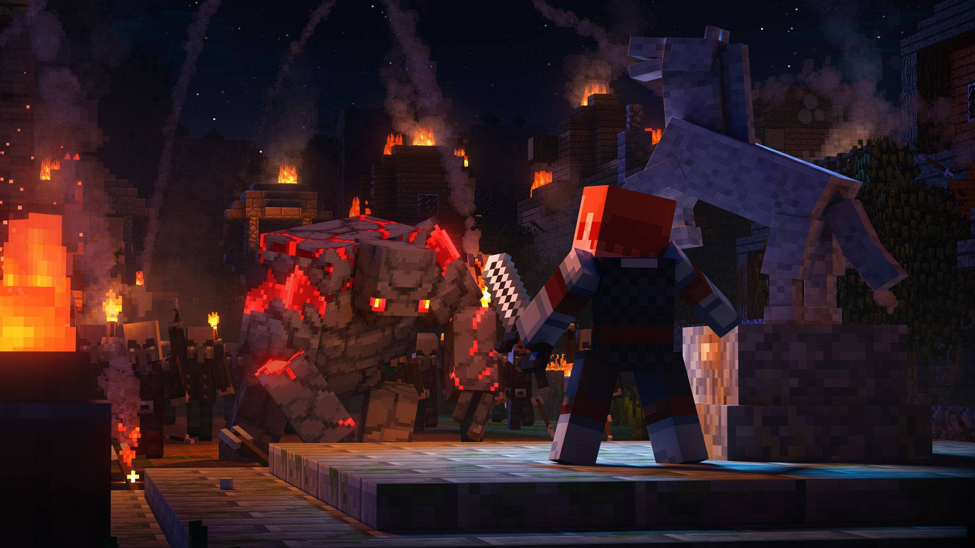 Minecraft玩家在夜晚燃燒的像素村莊中與惡魂戰鬥。