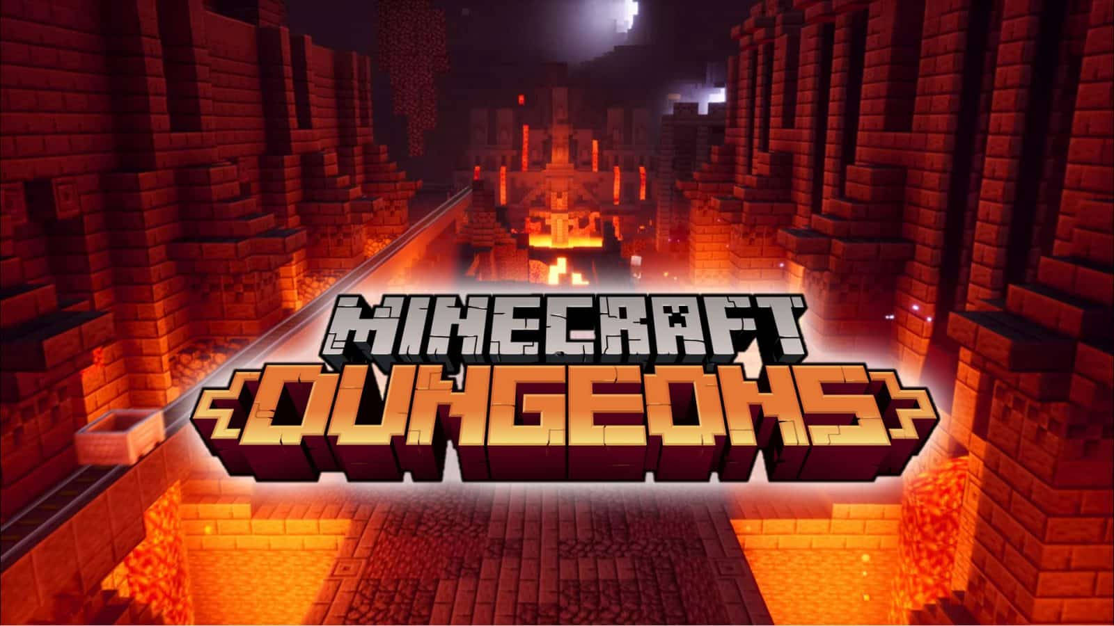 Minecraft Dungeons 標誌在一個有熔岩和火炬的火熱地牢中。