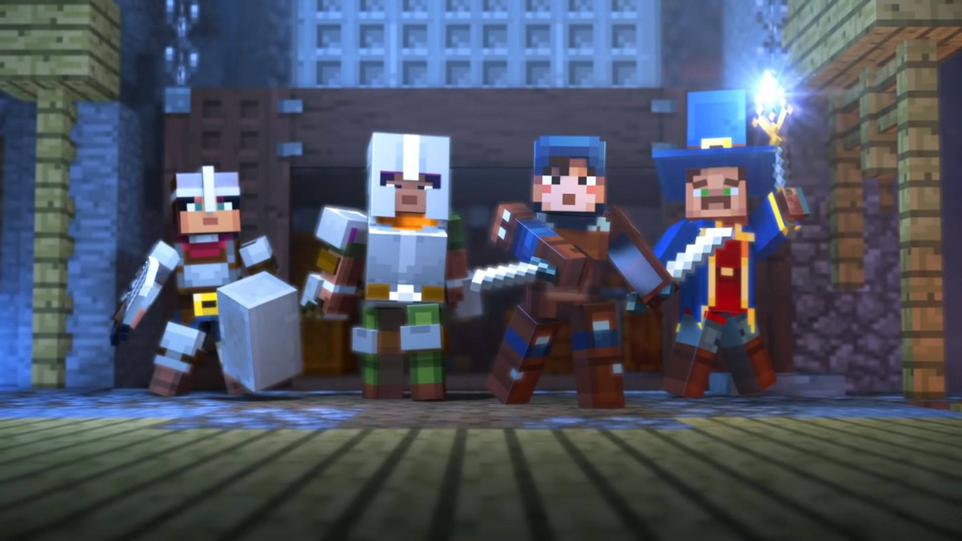 四個像素藝術風格的Minecraft角色在石頭建築中手持武器。