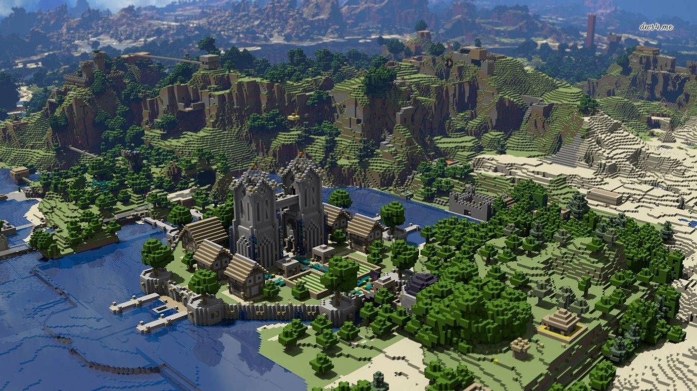 Minecraft 城堡村莊 河邊 綠色山丘 懸崖