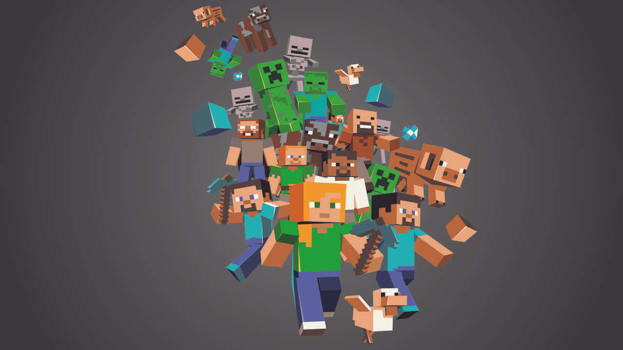 Minecraft角色和怪物以3D方塊風格從灰色背景中爆發出來