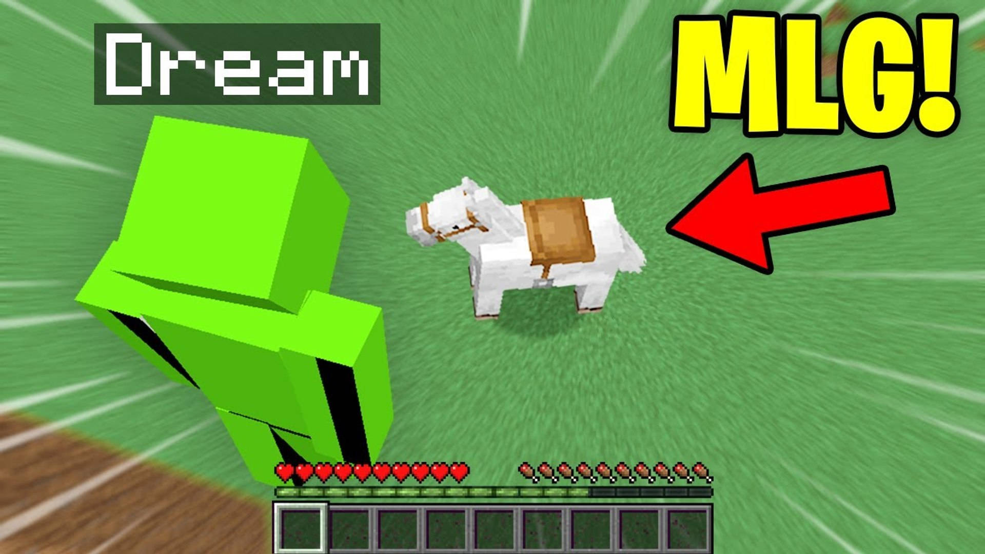 Minecraft玩家角色面對一匹帶鞍的白馬和「MLG！」文字箭頭。
