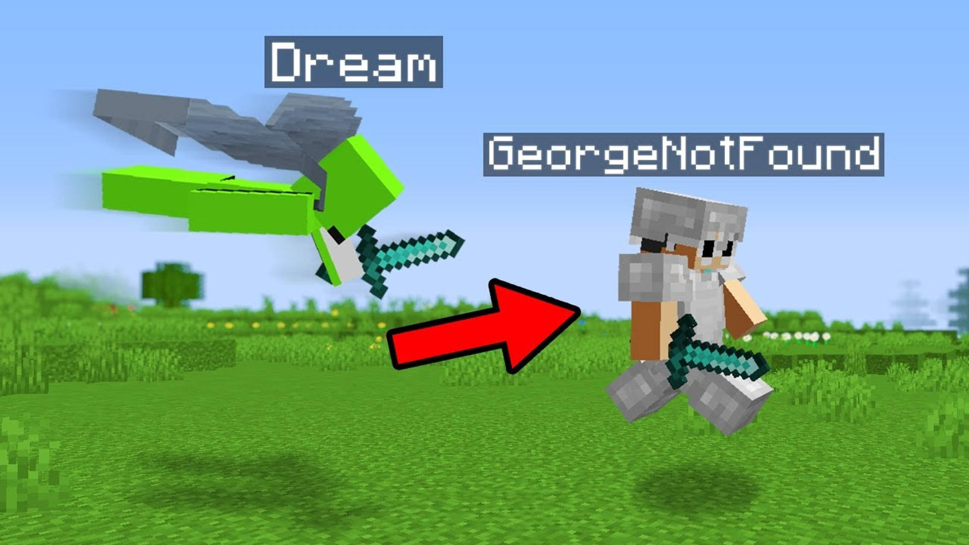 兩個Minecraft玩家在草地上用鑽石劍戰鬥。