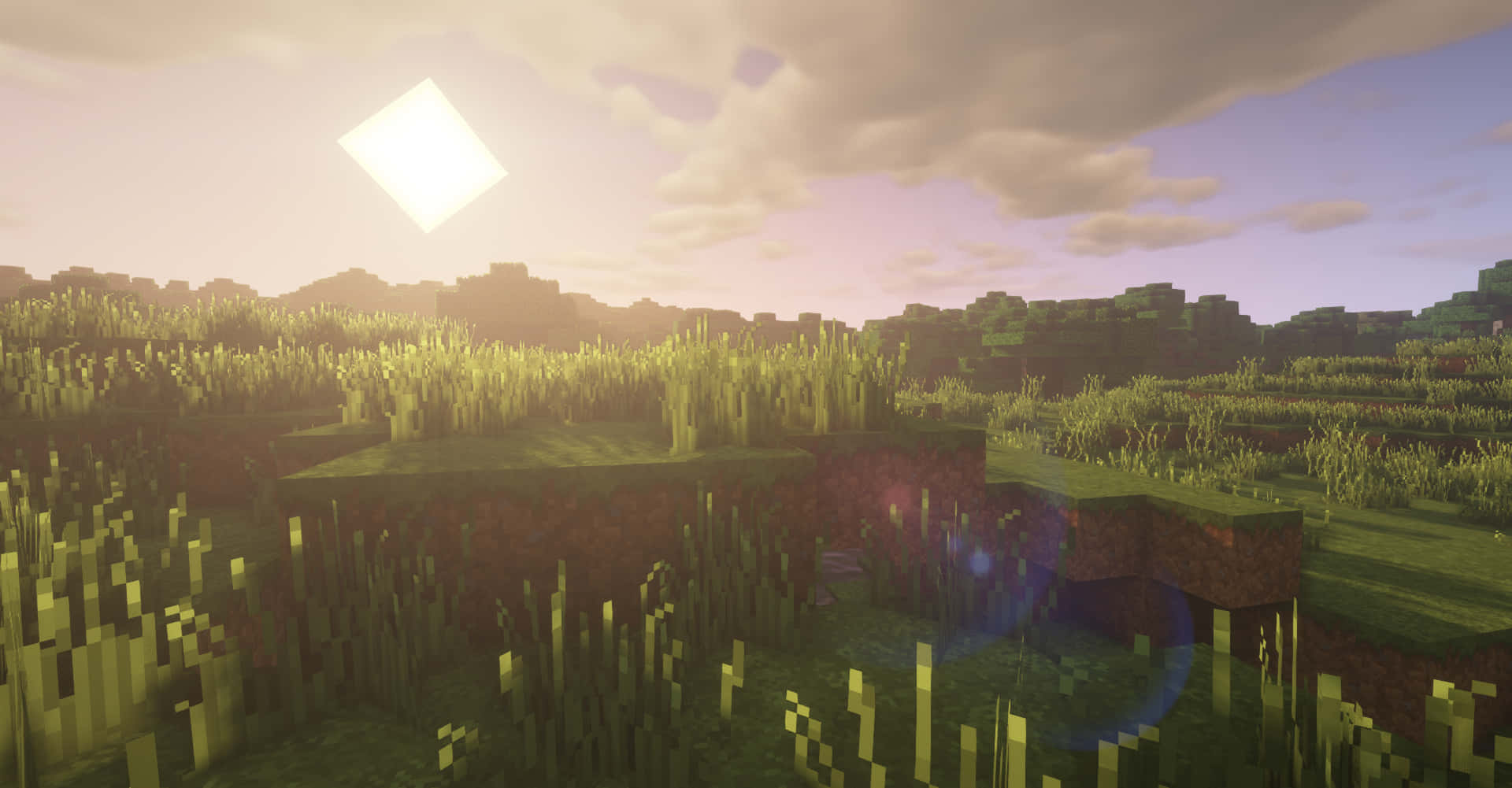 鑽石形太陽下嘅Minecraft草坡，夕陽。