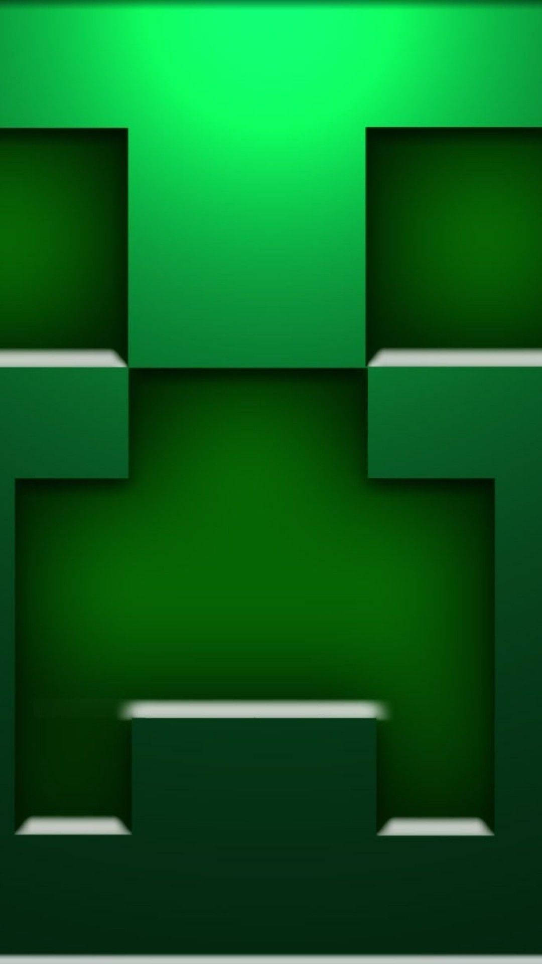 Minecraft 中像素化綠色爬行者臉部，帶有發光的眼睛。