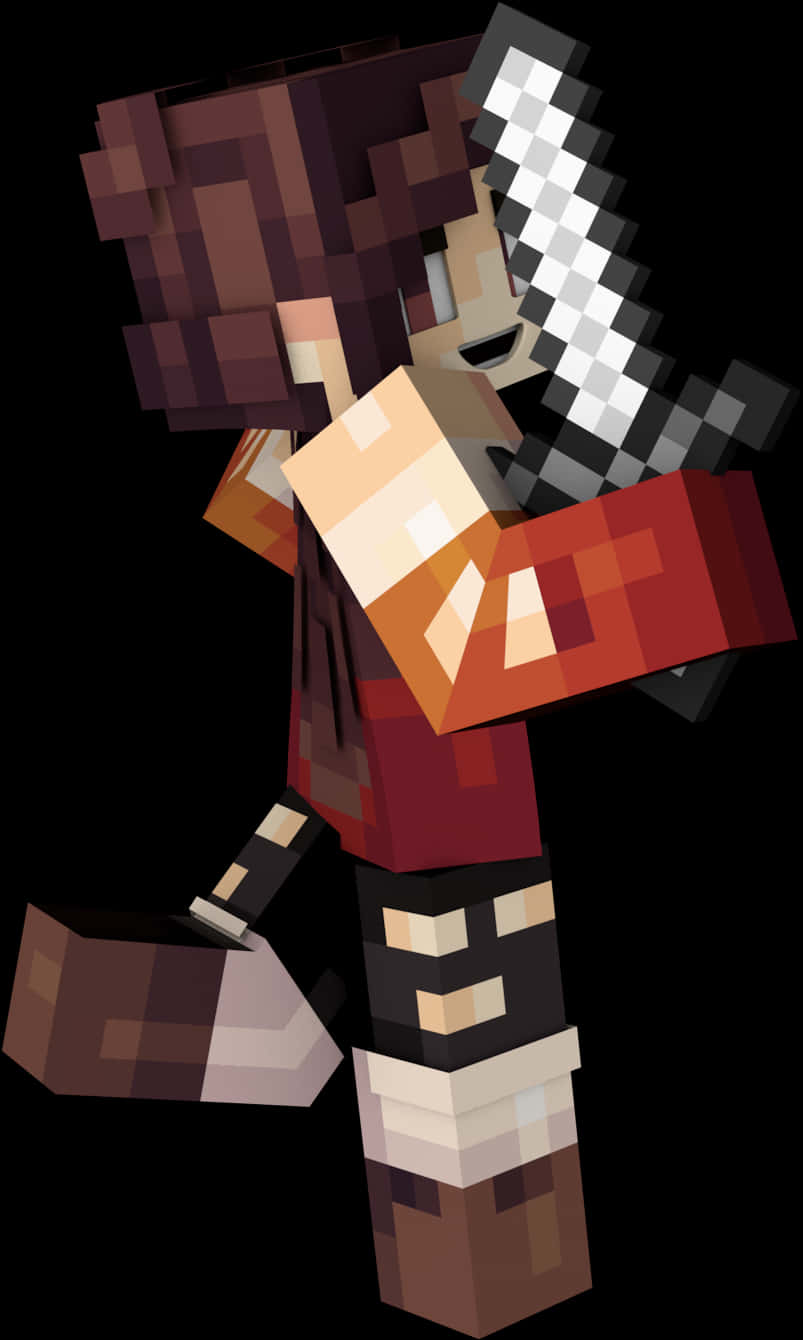 我的世界持劍角色 壁紙 — 一個像素化的Minecraft風格角色，棕色頭髮，在黑色背景上揮舞著劍。