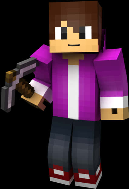 我的世界持弓角色 壁紙 — 一個像素化的Minecraft角色穿著紫色外套，在黑色背景前拿著鎬。