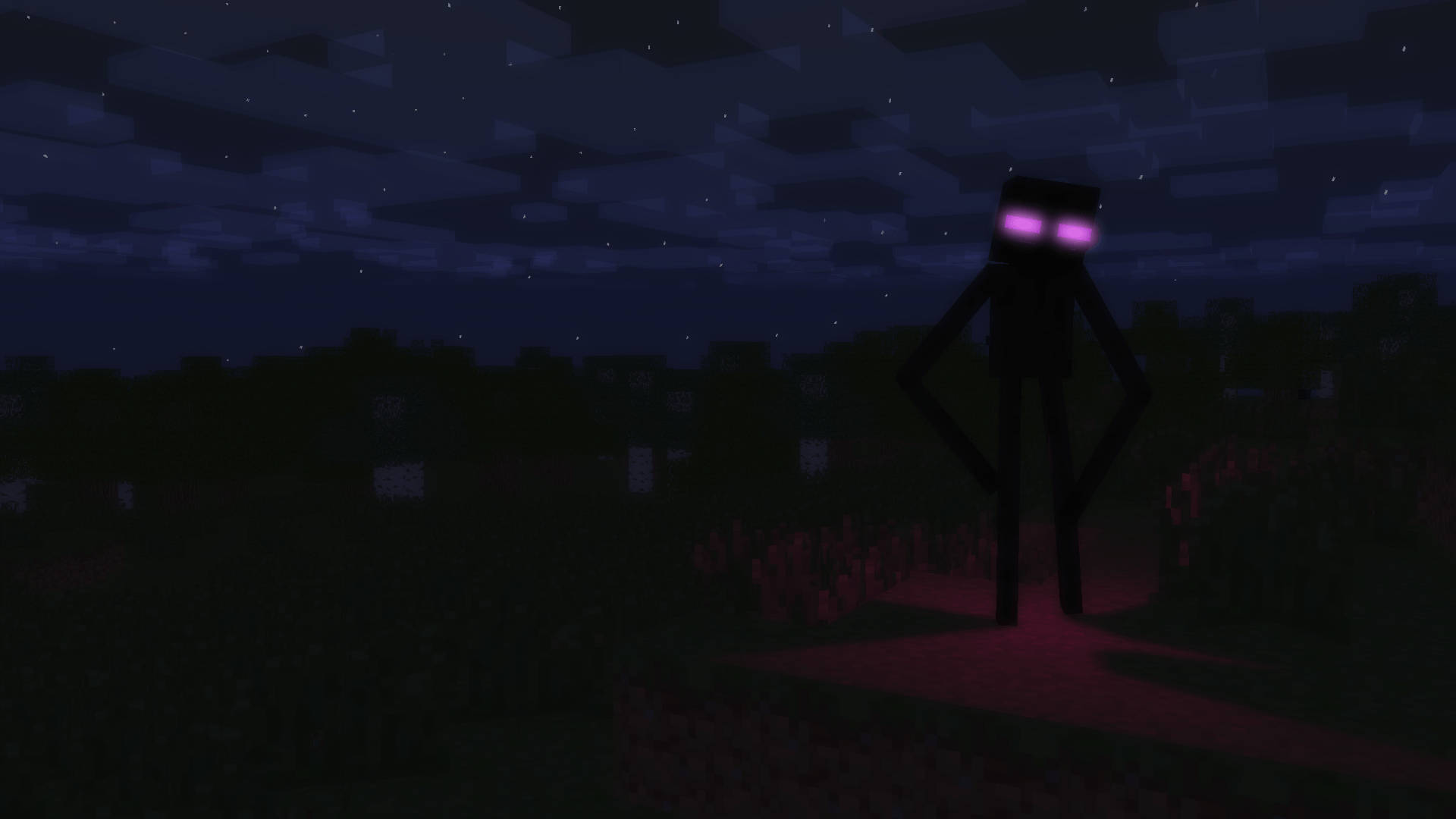 我的世界末影人暗夜場景 壁紙 — 一個威脅性的 Minecraft 終界使者站在發光的紅色路徑上，在星空夜空下，有方塊狀的雲。