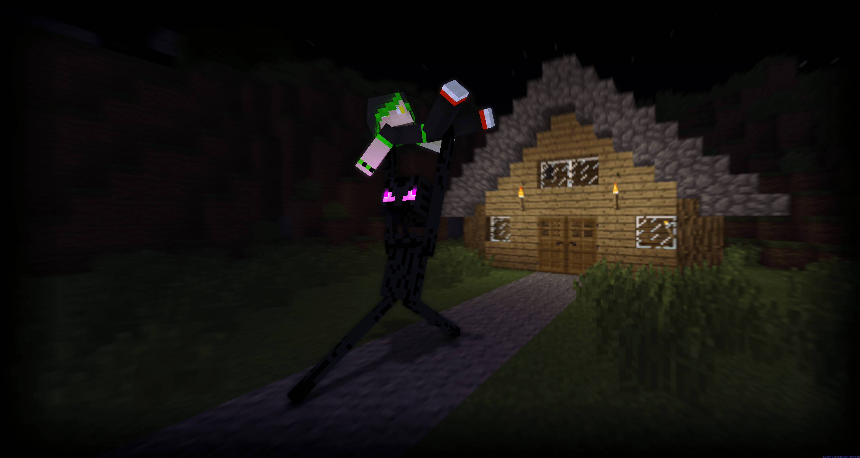 我的世界末影人盜竊場景 壁紙 — 一個像素化的 Minecraft 苦力怕在夜晚的木屋前跳舞，眼睛發光，屋內點著蠟燭。