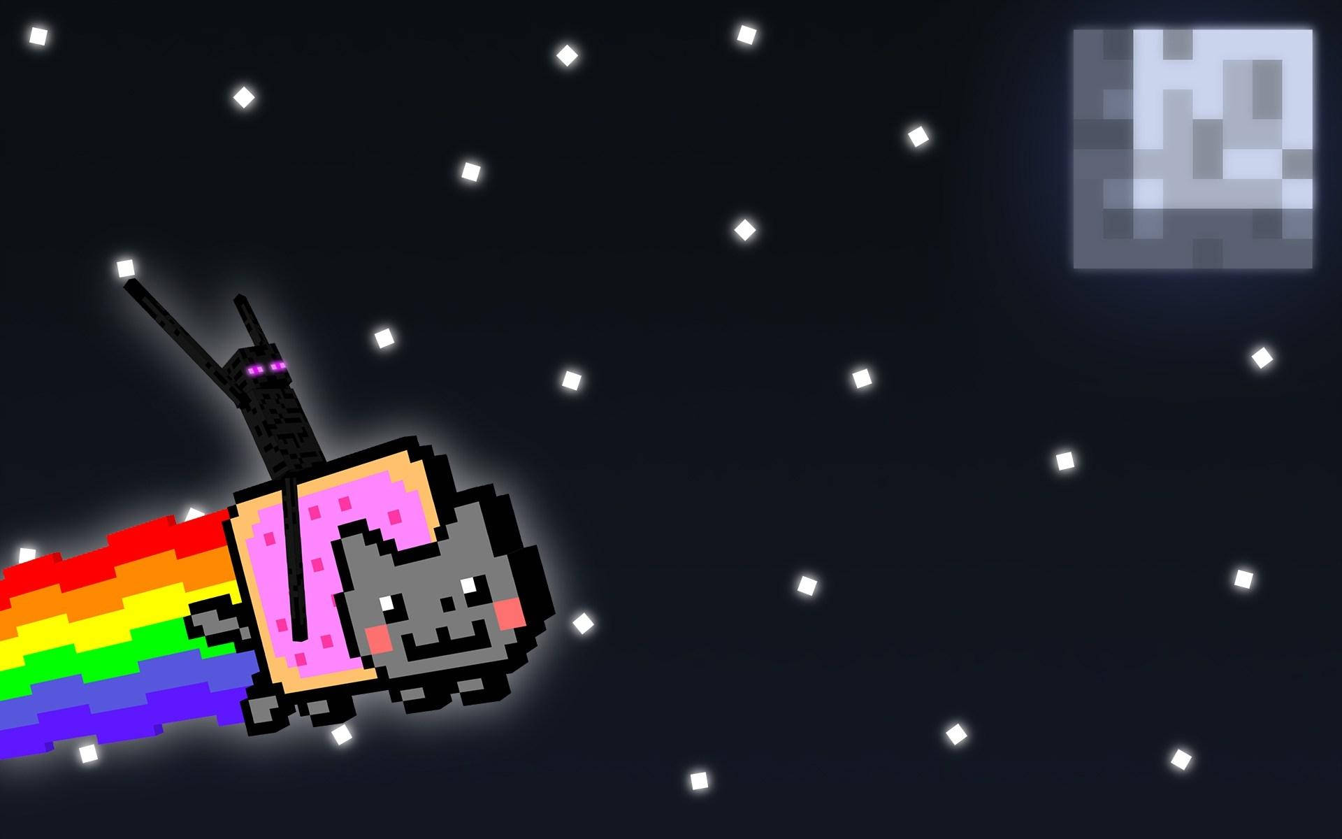 我的世界末影人迷因圖 壁紙 — 一隻像素貓帶著彩虹尾巴飛過星空夜空，靠近方塊月亮。