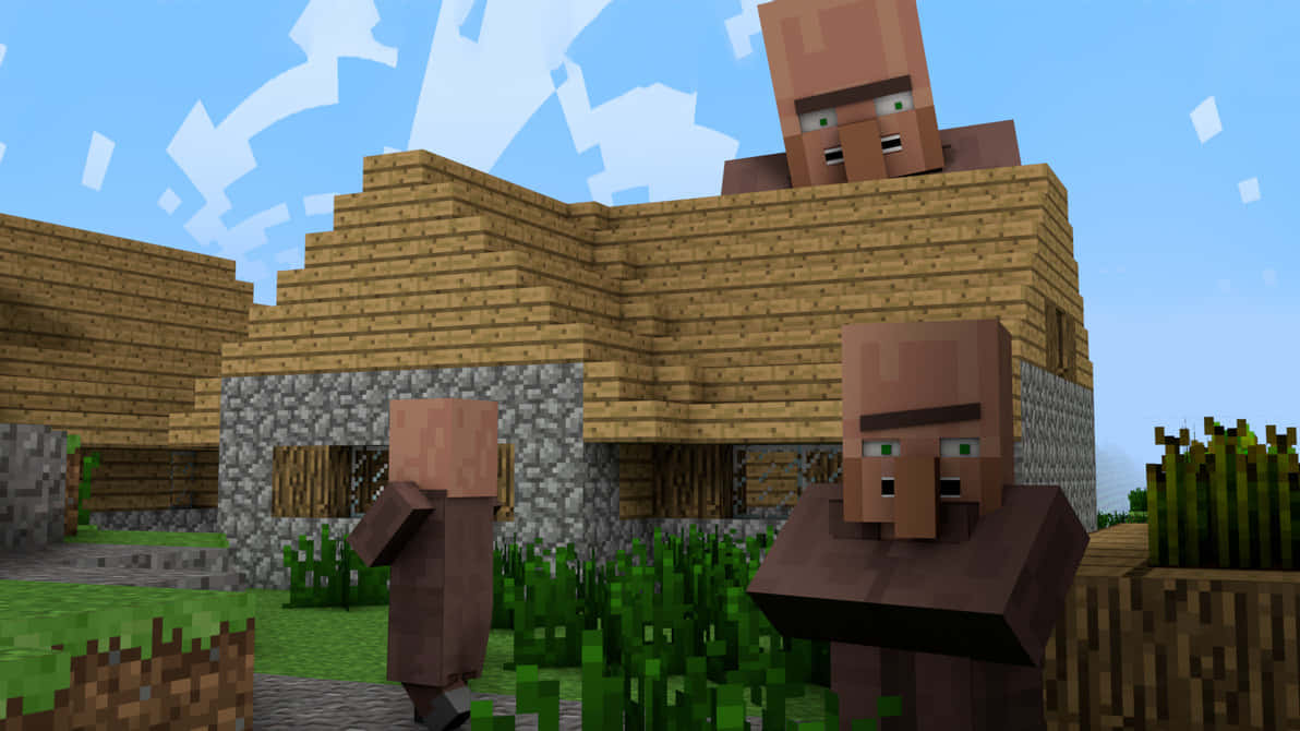 我的世界村民行動壁紙 壁紙 — 三個像素化的Minecraft村民站在一間木石屋附近，背景是藍天白雲。