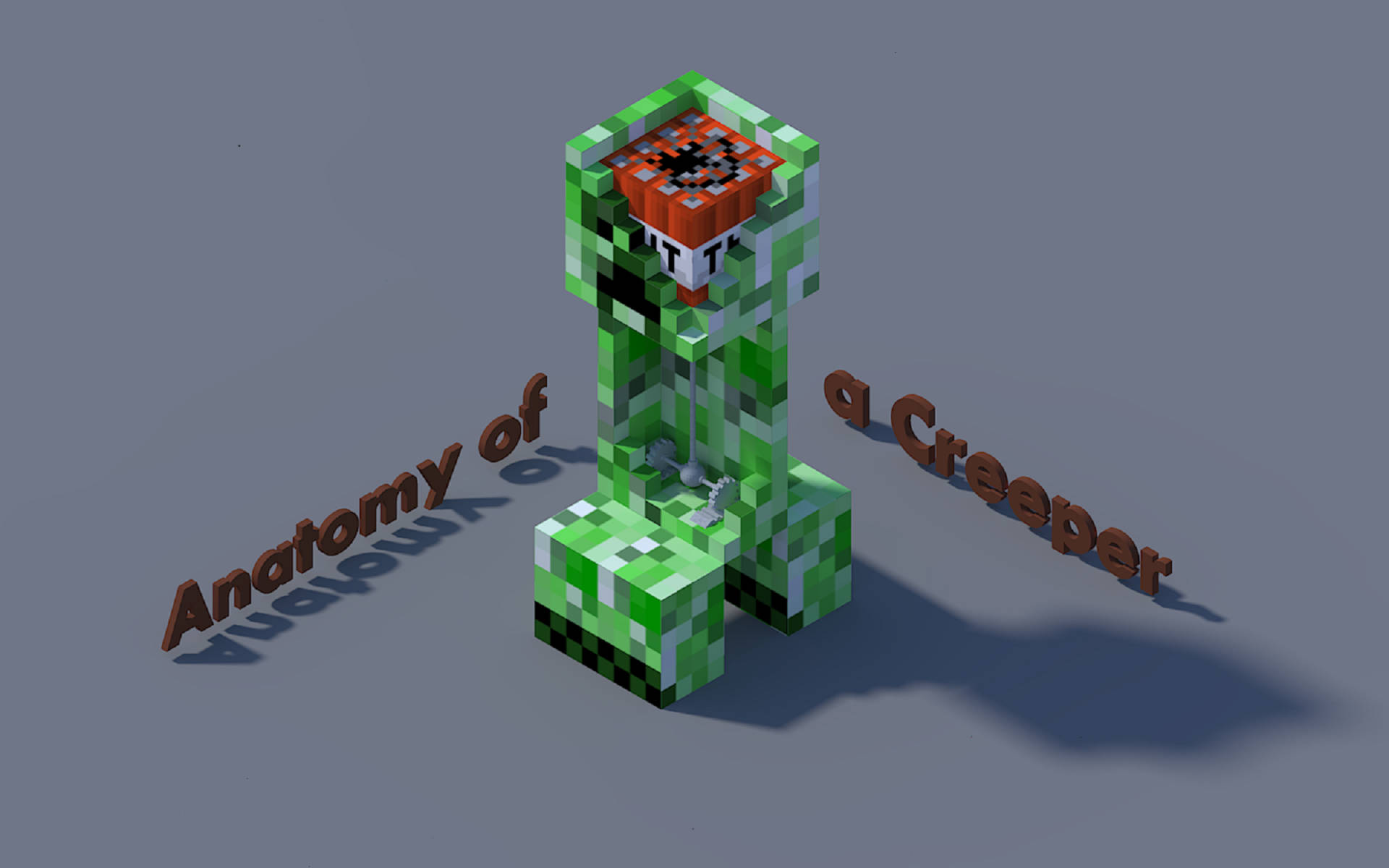 我的世界梗圖苦力怕解剖圖 壁紙 — 一個來自Minecraft的像素化綠色爬行者，在純灰色背景前直立，附近漂浮著「Anatomy of a Creeper」的文字。