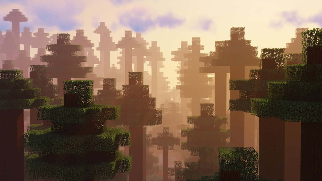 Minecraft中方塊森林日落，金色薄霧和柔和光線。 — 我的世界 壁紙