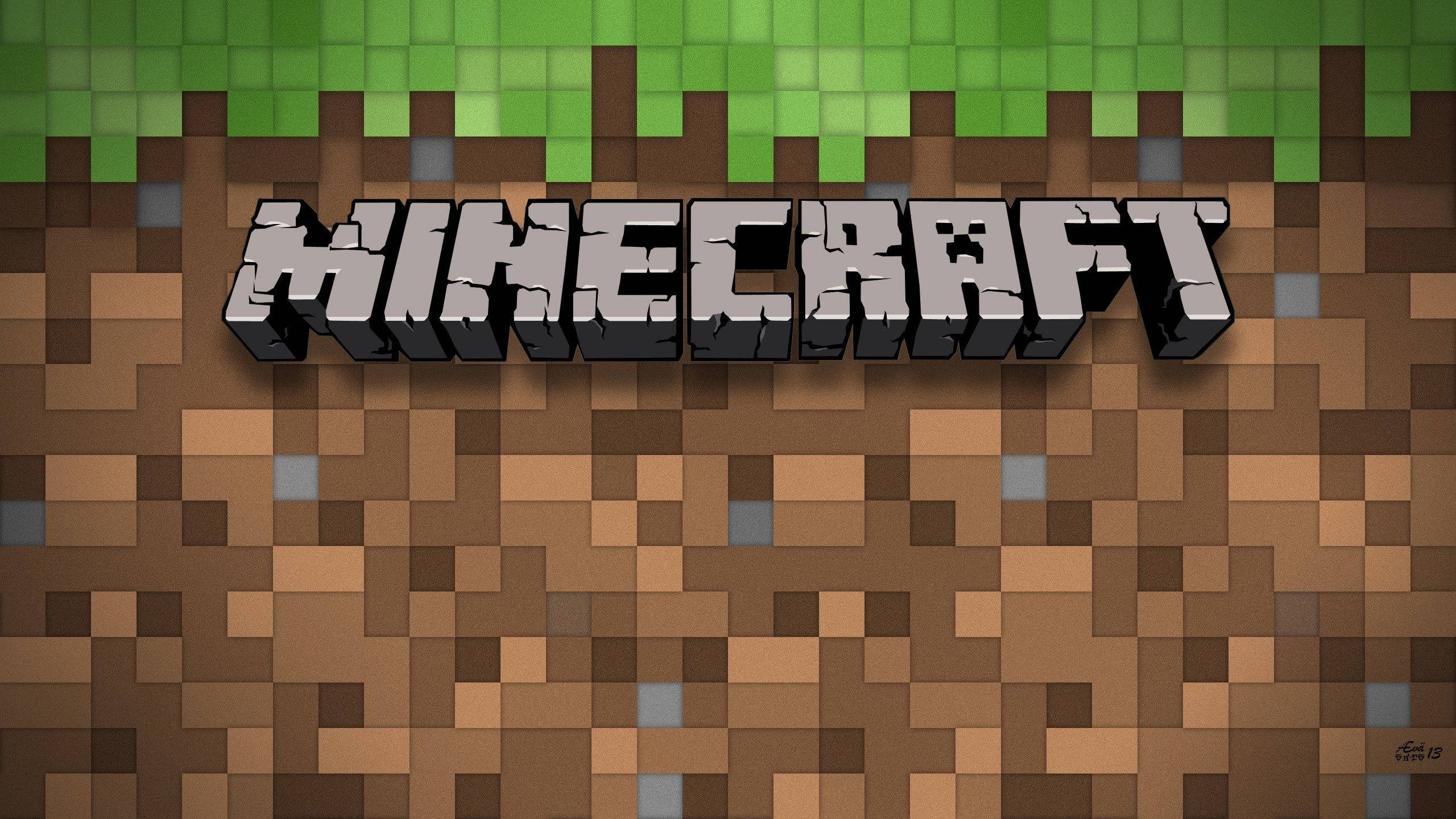 我的世界標誌於基本方塊 壁紙 — Minecraft 標誌以方塊狀 3D 字母從像素化的泥土和草地地形中浮現。