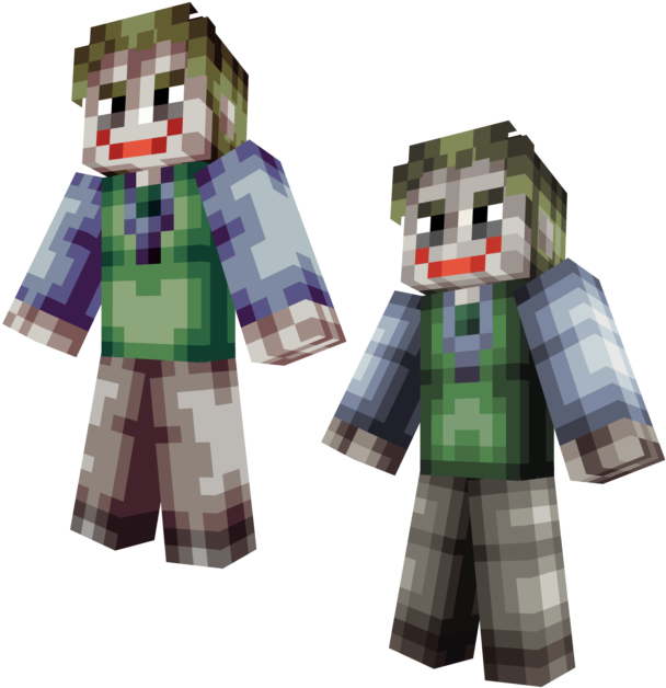 我的世界殭屍角色模型 壁紙 — 兩個像素化嘅Minecraft角色扮成小丑，有綠色頭髮、白色面、紅色嘴唇同綠色背心。