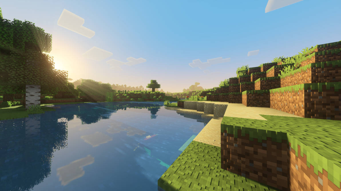 Minecraft像素化湖日出，有塊狀草山和樹木