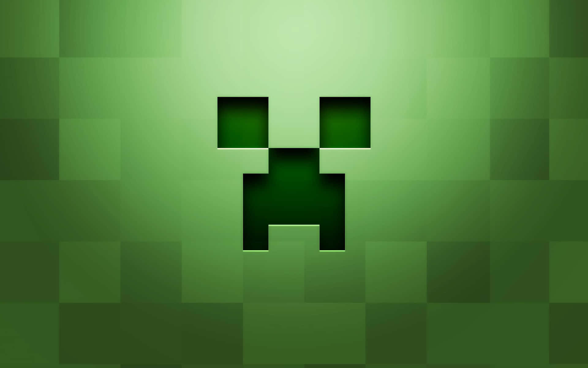 來自Minecraft的綠色像素化爬行者面孔，在漸變背景上。