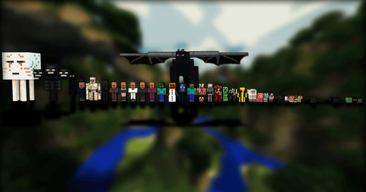 Minecraft角色和生物站在有河流的森林中。