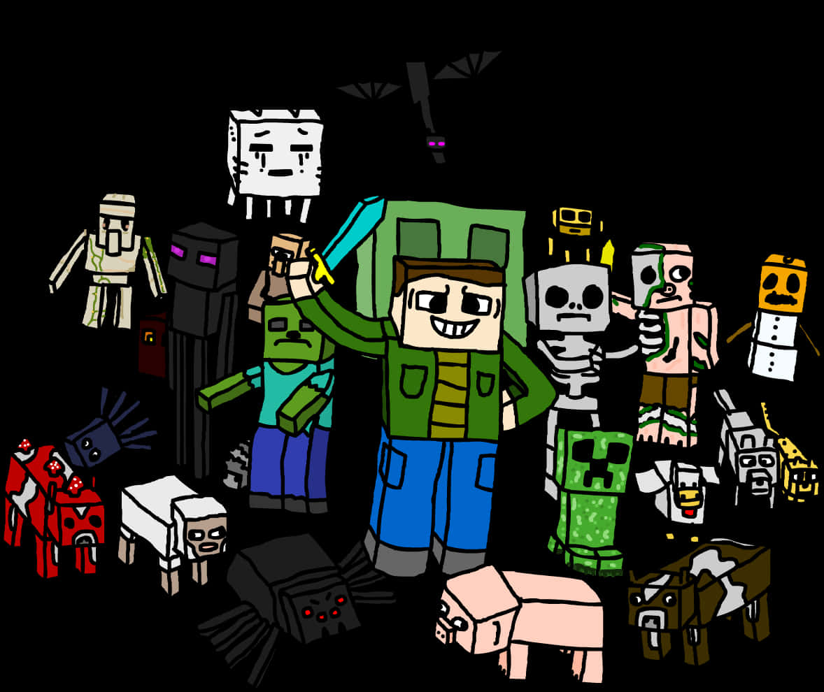 Minecraft角色和生物聚集在黑暗場景中。