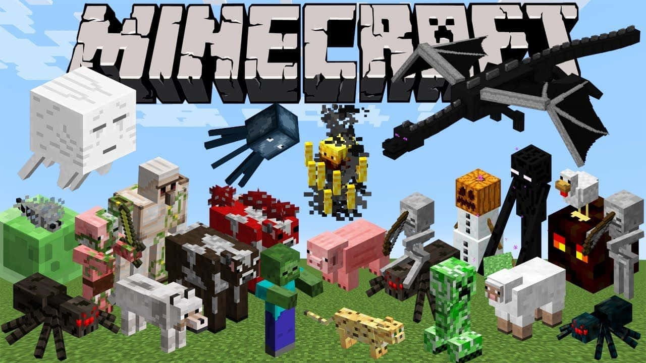 Minecraft遊戲角色，包括殭屍、苦力怕和終界龍，以像素方塊風格呈現。 — 我的世界 壁紙