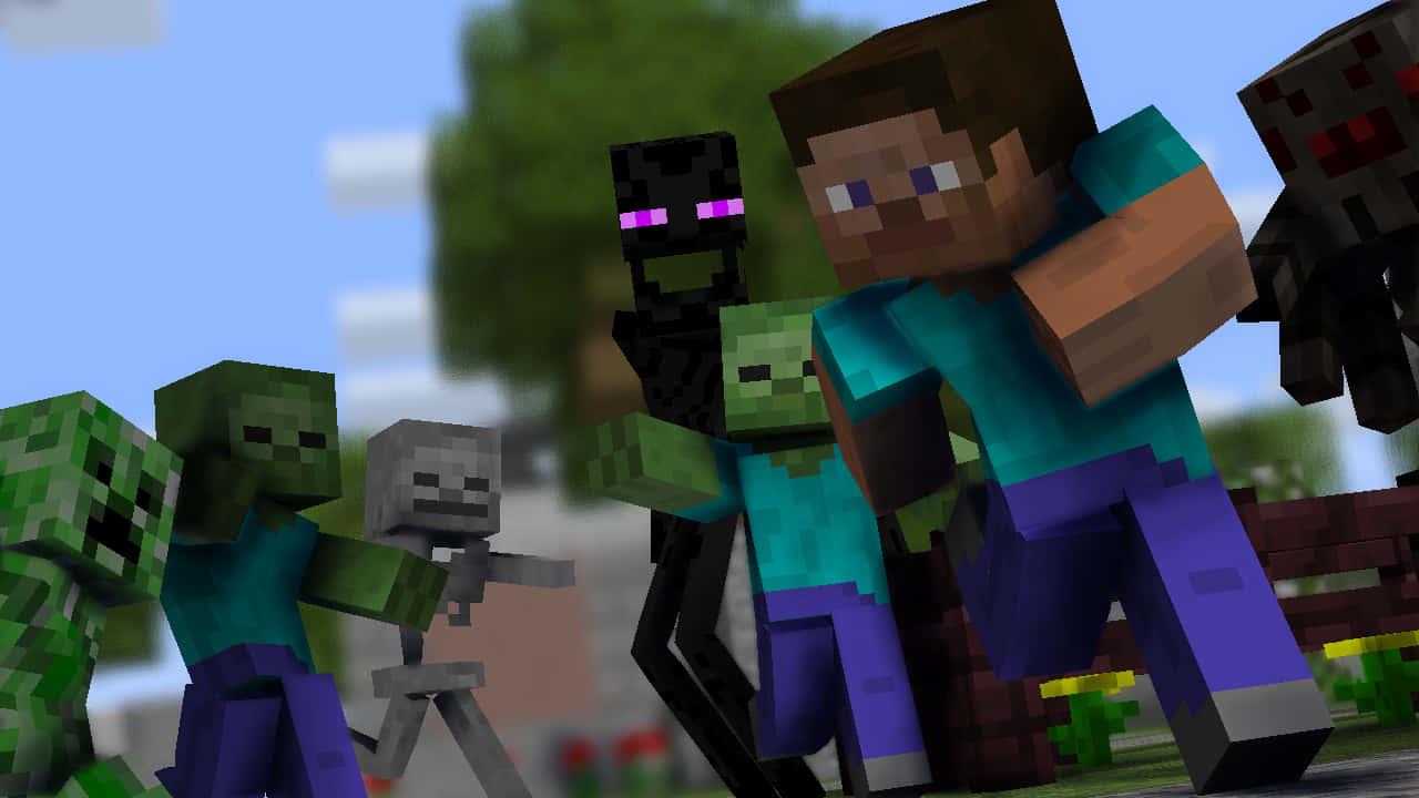 Minecraft玩家喺像素世界面對敵對生物。