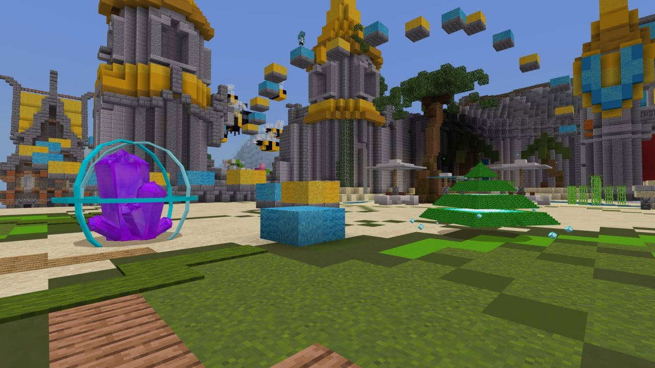 像素化Minecraft場景，帶有發光水晶和漂浮方塊。