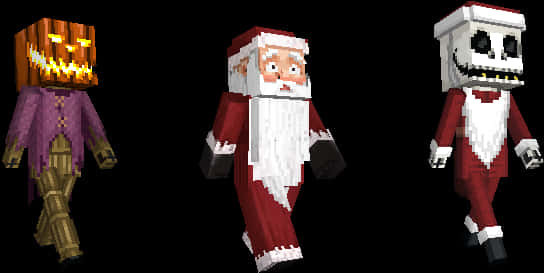 我的世界聖誕節角色 壁紙 — 三個像素化的Minecraft角色打扮成萬聖節南瓜Jack Skellington和聖誕老人站在黑色背景前。