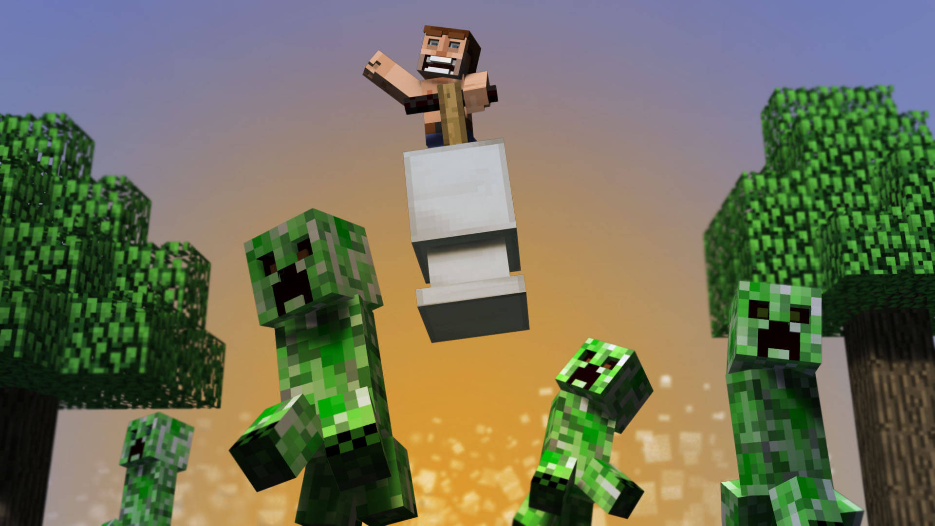 Minecraft玩家在像素森林中跳過苦力怕。