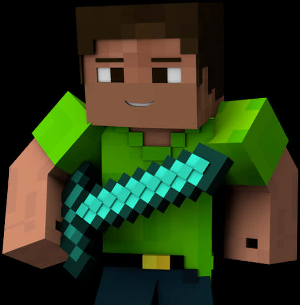 我的世界英雄持鑽石劍 壁紙 — 一個像素化的Minecraft角色，棕色頭髮，綠色襯衫，在黑色背景上拿著一把發光的鑽石劍。