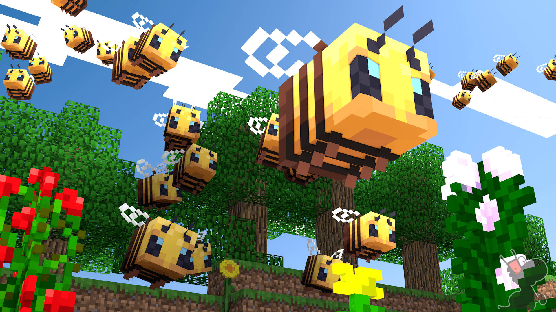 我的世界蜜蜂群落 壁紙 — 一群像素化的蜜蜂在明亮的Minecraft景觀中飛過方塊狀的樹木和花朵。