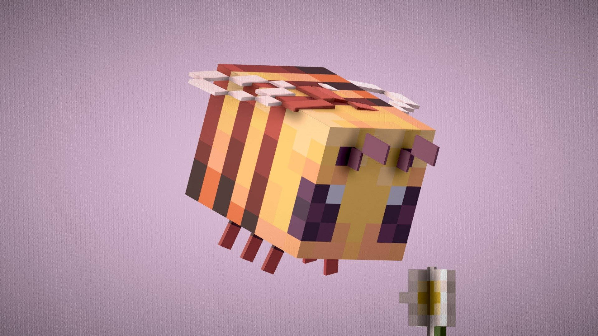我的世界蜜蜂與白花 壁紙 — 一隻像素化的Minecraft蜜蜂在柔和的薰衣草背景上靠近一朵花盤旋。