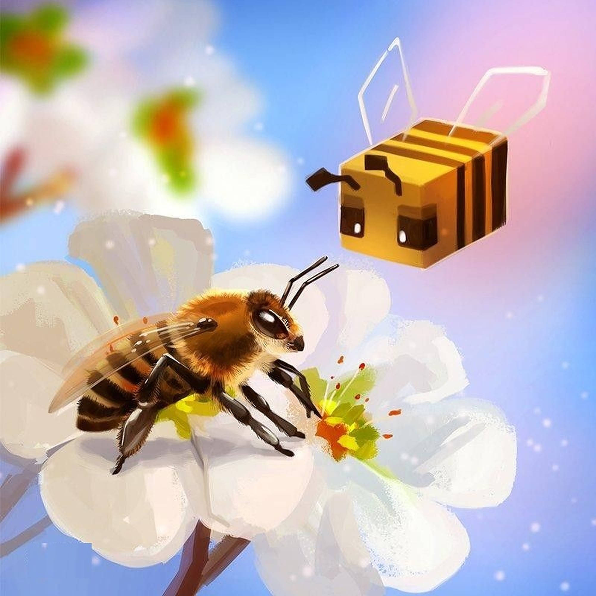 我的世界蜜蜂與真實蜜蜂 壁紙 — 一隻逼真的蜜蜂從白色花朵中採集花蜜，而一隻像素化的Minecraft蜜蜂在柔和的藍天下附近飛翔。