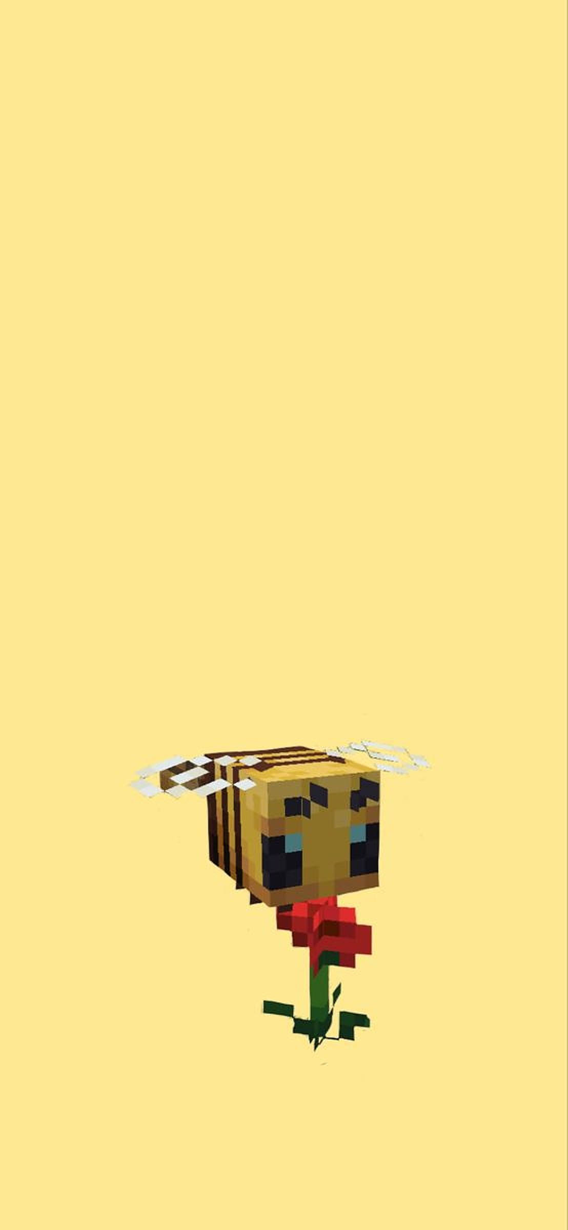 我的世界蜜蜂與花朵 壁紙 — 一隻像素化的Minecraft蜜蜂在純淡黃色背景上盤旋於一朵紅花之上。