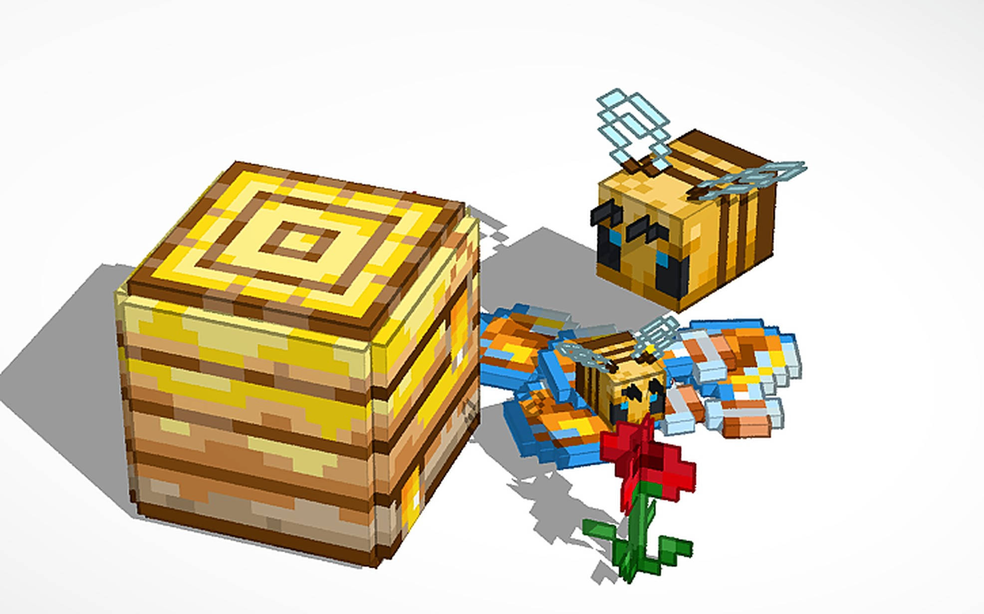 我的世界蜜蜂與蜂巢 壁紙 — 像素化Minecraft蜂巢和蜜蜂，帶有蜂窩圖案和紅花，白色背景。