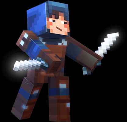 我的世界角色持劍 壁紙 — 一個像素化的Minecraft角色，藍色頭髮，在黑色背景上揮舞著兩把發光的劍。
