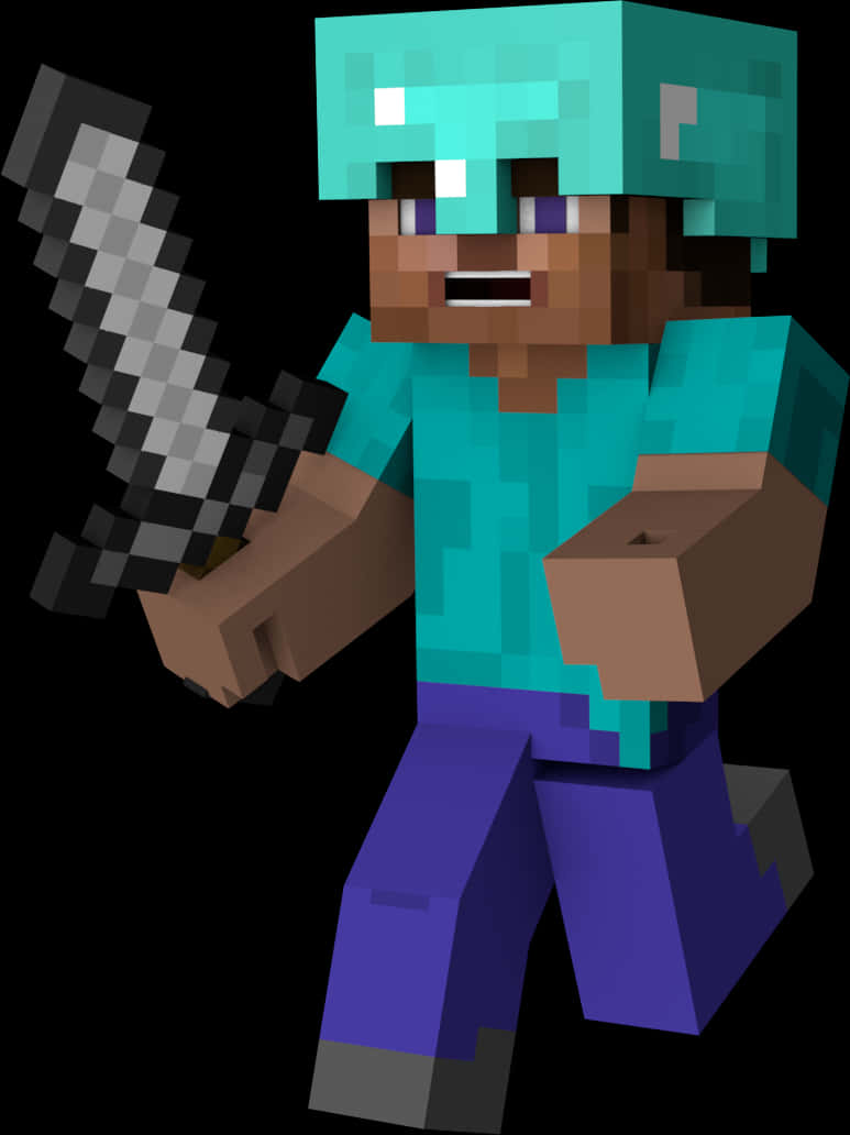 我的世界角色持劍 壁紙 — 一個像素化的Minecraft角色，身穿青綠色盔甲，在黑色背景前揮劍。