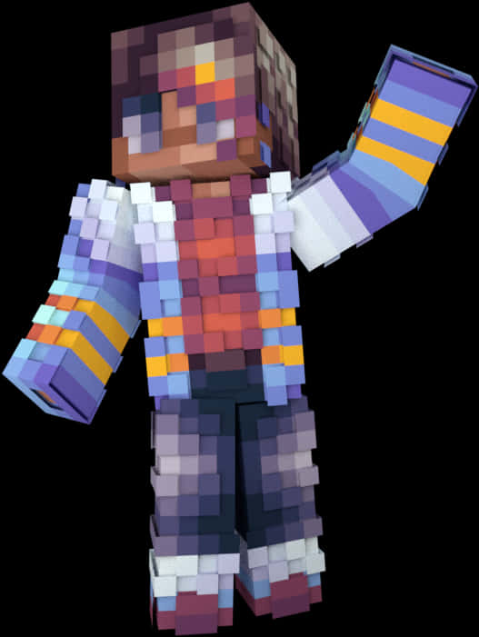 我的世界角色穿彩色盔甲 壁紙 — 一個像素化的Minecraft角色，穿著彩虹條紋袖子，擁有色彩繽紛的方塊臉，站在黑色背景前。