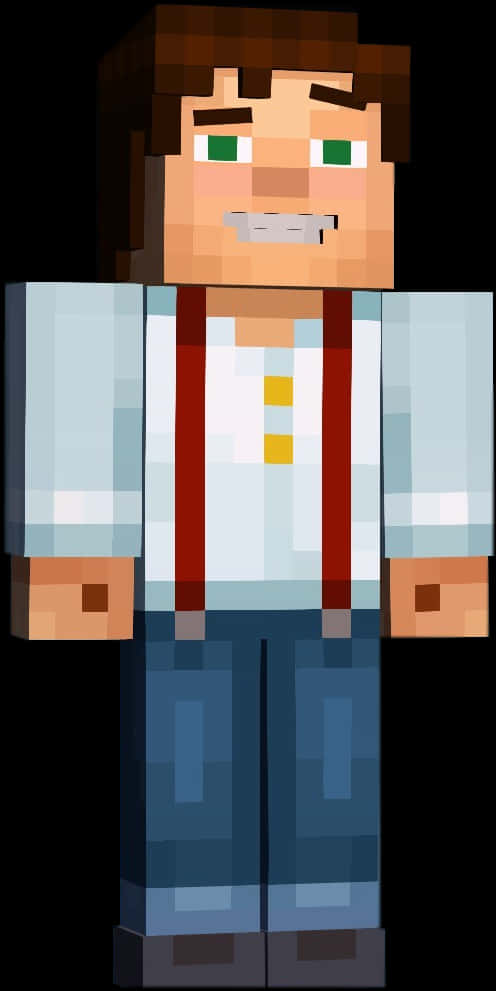 我的世界角色穿紅色背帶褲 壁紙 — 一個像素化的Minecraft風格角色，棕色頭髮、綠色眼睛，帶著友善的笑容，穿著白色襯衫、紅色吊帶和藍色褲子。