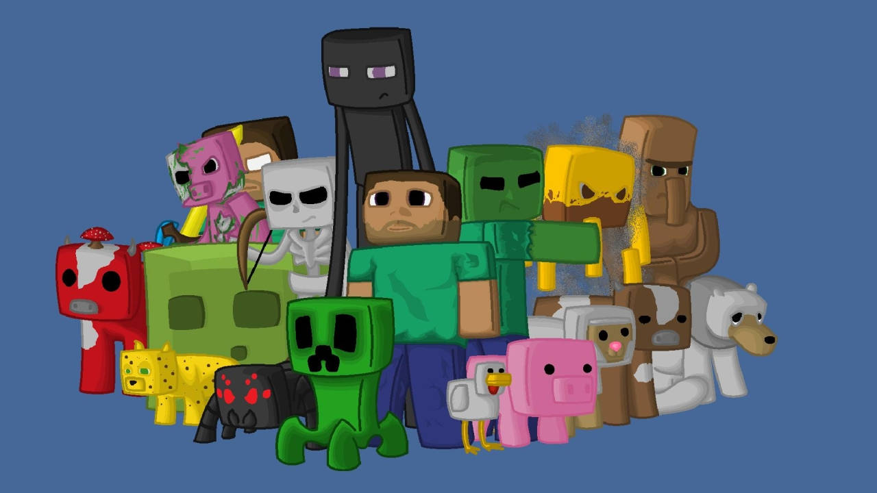 Minecraft角色，包括Steve、Creeper和動物，以方塊風格呈現。