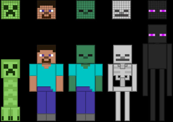 我的世界角色與臉部 壁紙 — 像素化的Minecraft角色，包括Steve、Creeper、Zombie、Skeleton和Enderman，站在黑色背景前。