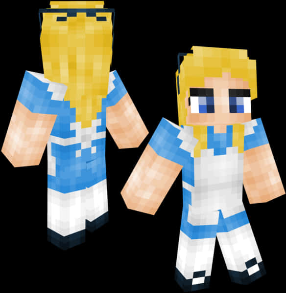 我的世界角色藍白條紋服裝 壁紙 — 兩個像素化的Minecraft角色，金髮藍衣，背對背站在黑色背景前。