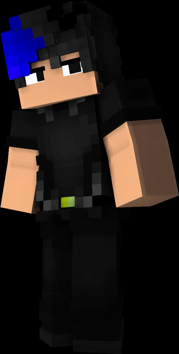 我的世界角色藍髮 壁紙 — 一個像素化的Minecraft角色，黑色頭髮帶有藍色條紋和綠色腰帶，站在深色背景前。