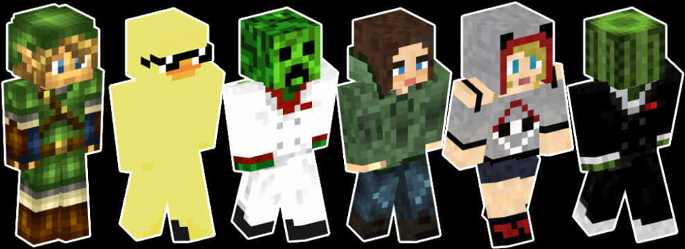 我的世界角色陣容 壁紙 — 六個Minecraft風格像素角色排成一排，背景為黑色，每個角色都有獨特的服裝和表情。