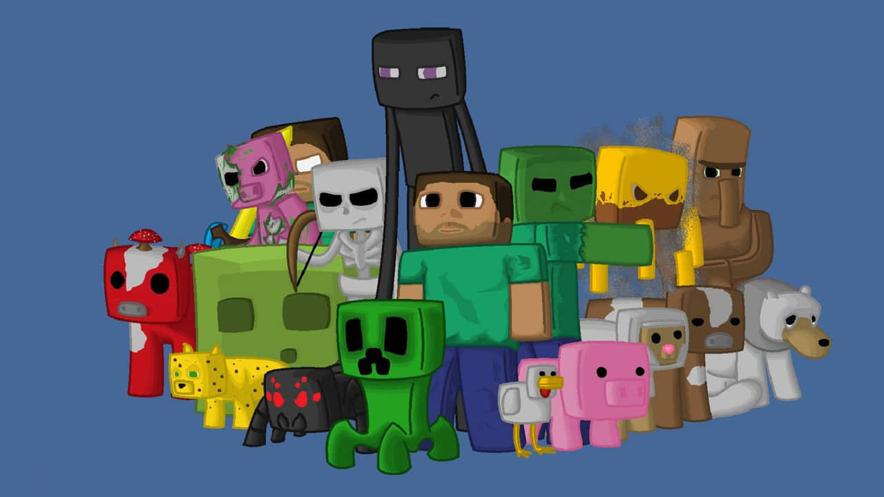 Minecraft角色，包括Steve、Creeper、Enderman和動物，以方塊風格呈現。