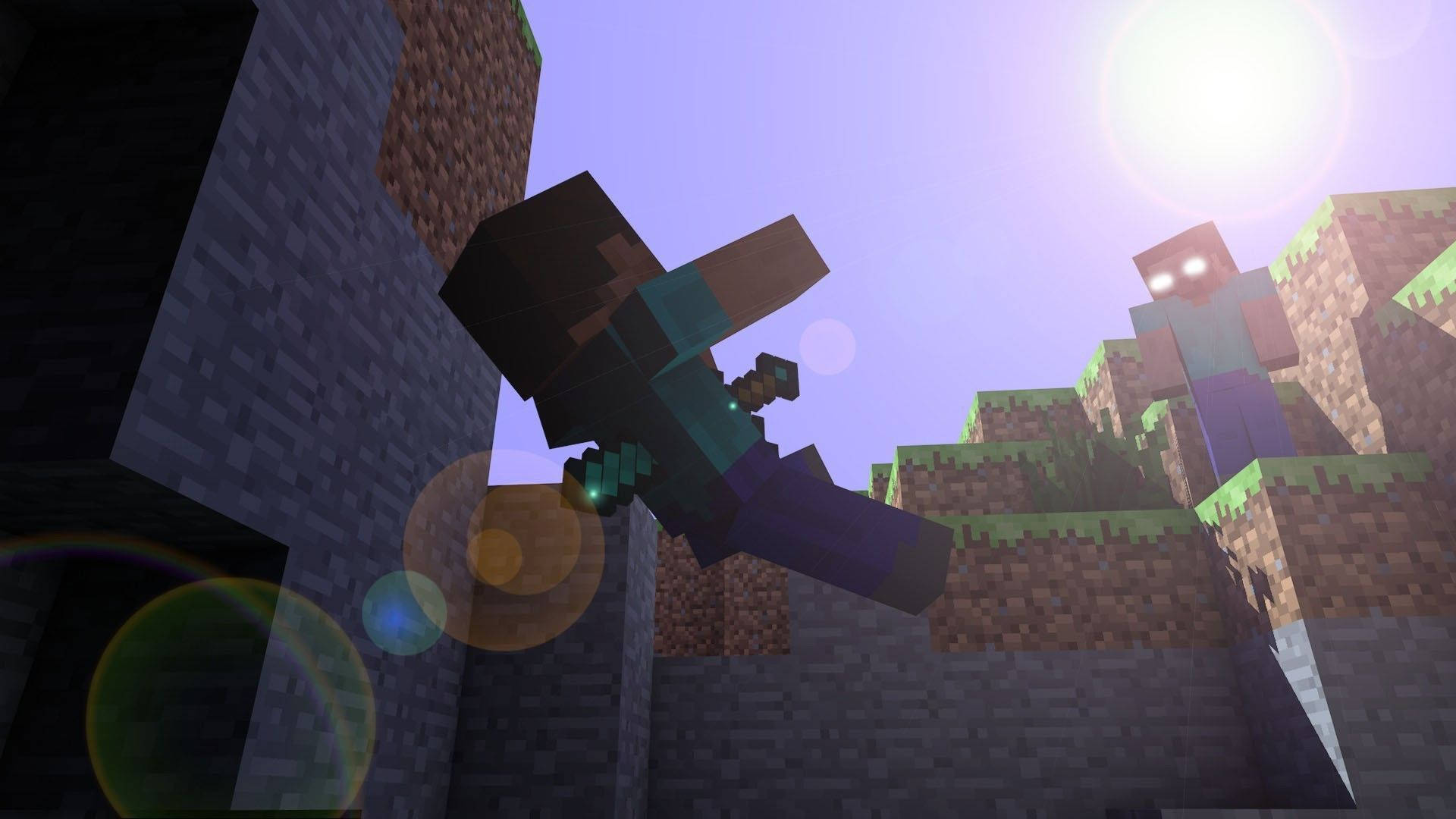 兩個Minecraft玩家在燦爛的陽光下在石頭和泥土方塊之間跳躍。