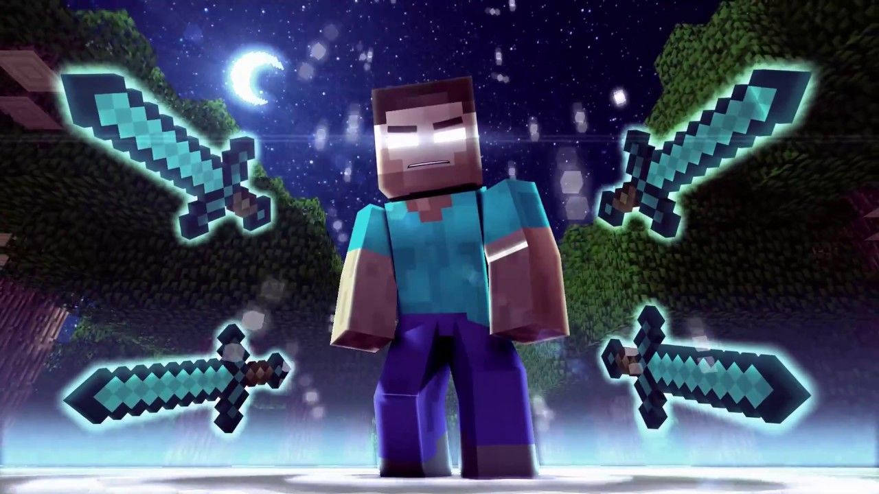 Minecraft角色被發光的鑽石劍包圍，背景是星空。