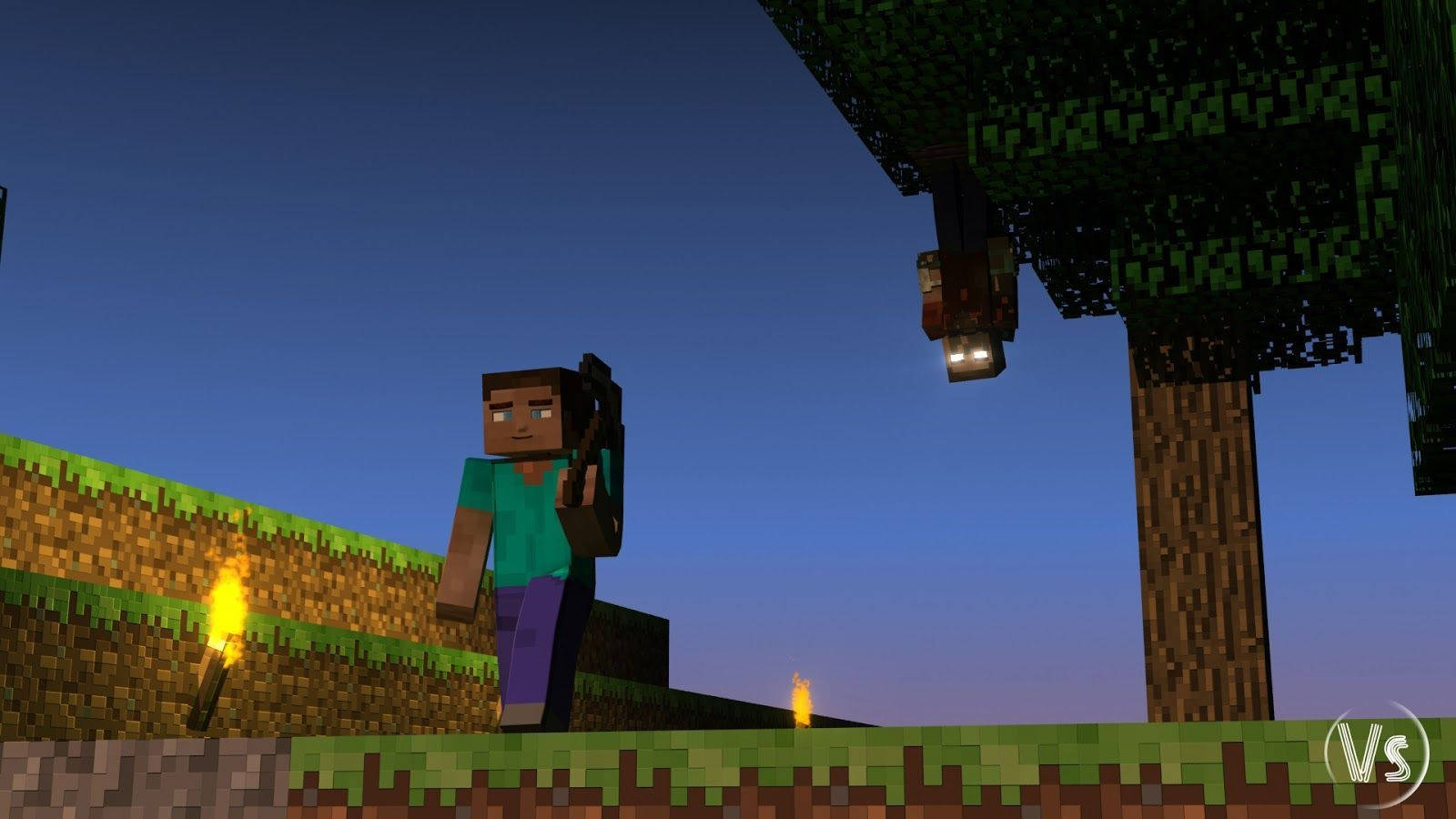 Minecraft角色在黃昏的樹下靠近火炬手持武器
